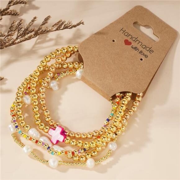 Gold Pearl Beaded Cross Bracelet Set Stretch Boho Layered Christian Jewelry - Picture 4 of 7